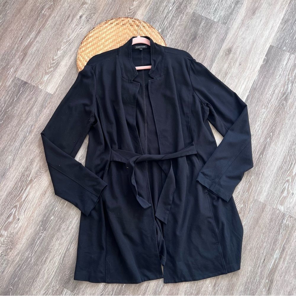Eileen fisher ponte longline jacket w/ waist tie in‎ black womens size L (flaw)